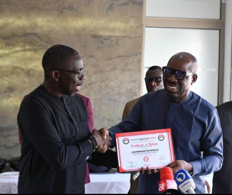 Ighodalo presents his certificate of return to Obaseki